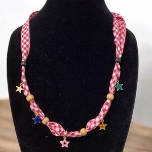 (#137) Red Checkered Necklace with Star Accents
